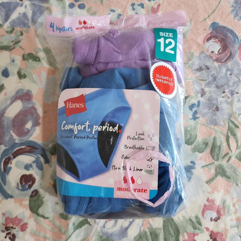 Set of 4 Hanes period panties size 12 girls purple and blue